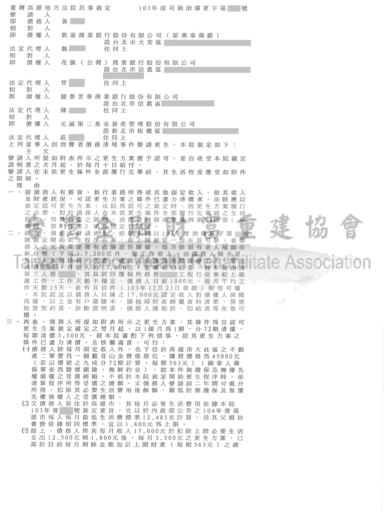 高雄,債務更生,協商毀諾,更生清算