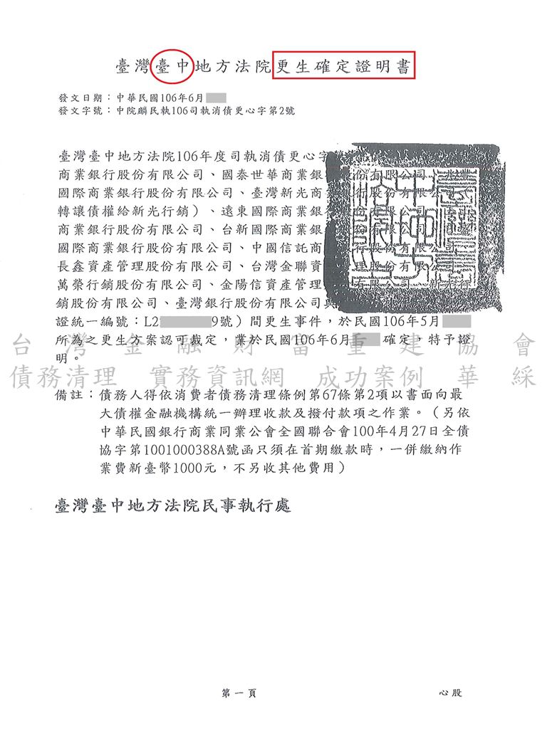 債務更生,台中,地方法院,卡債,債務清理條例,清償,債務打折,成功案例