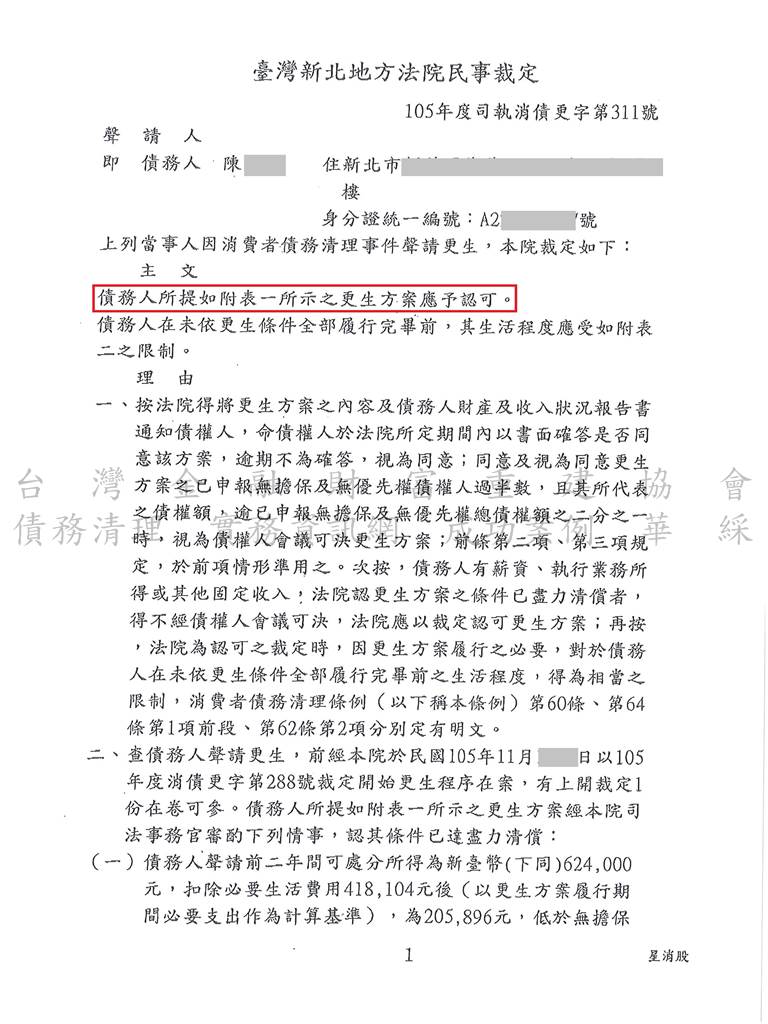 卡債,更生,新北,地院,債務,打折,分期